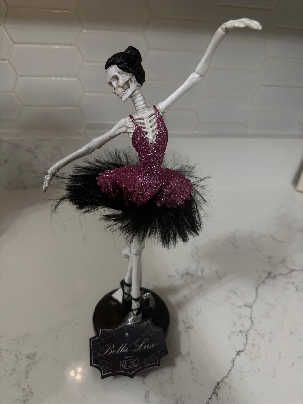 Bella Luxx Pink Glitter & Black Feather Skeleton Ballerina Figurine